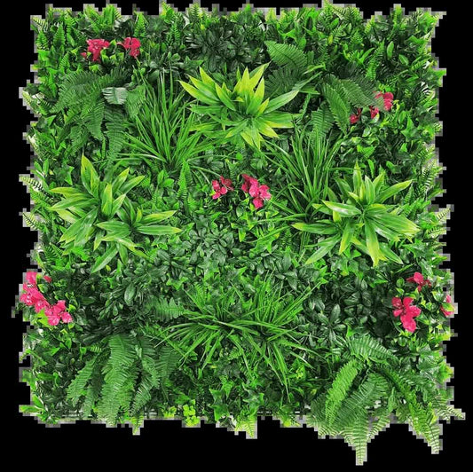 Vertical garden panel with dense green foliage and small pink flowers, full coverage