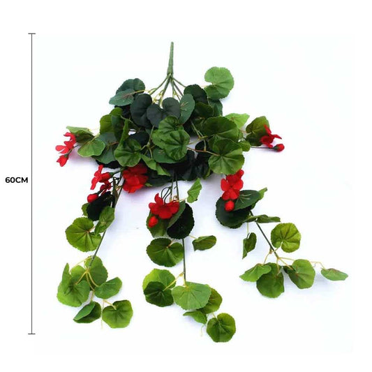 Artificial geranium hanging bush with green leaves and small red flowers