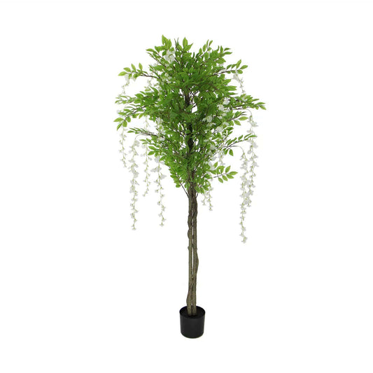 Artificial wisteria tree with green leaves and white cascading blossoms, in black pot