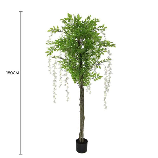 Artificial wisteria tree with green leaves and white cascading blossoms, black base pot