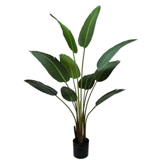Artificial potted travelers palm with many green leaf stems and a black pot