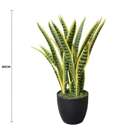 Artificial snake plant with striped green leaves in black pot, 60 cm