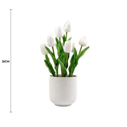 Artificial white tulip arrangement with green stems in a white ceramic bowl, 35cm
