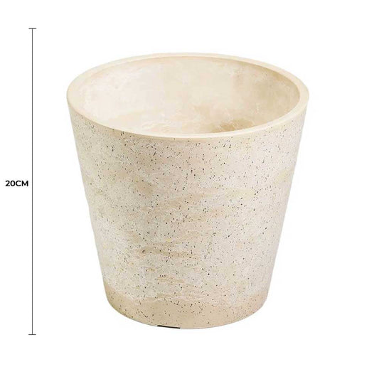 Stone-look imitation plant pot, rounded shape, light cream speckled texture