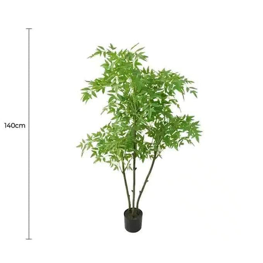 Artificial Nandina tree, 140cm tall, green leaves in a black pot