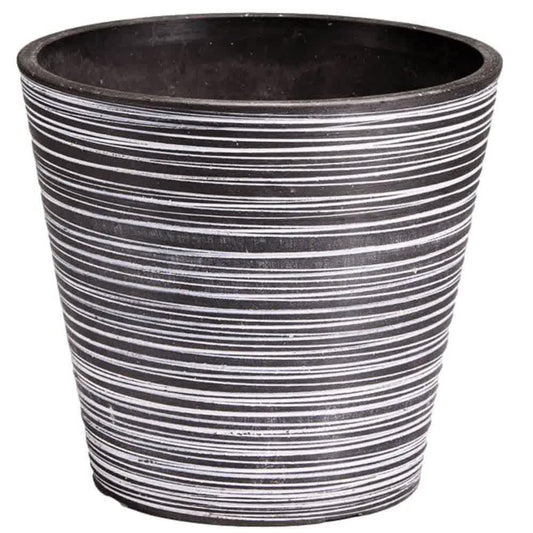 Engraved garden pot, black with white horizontal stripes, round top and tapered body