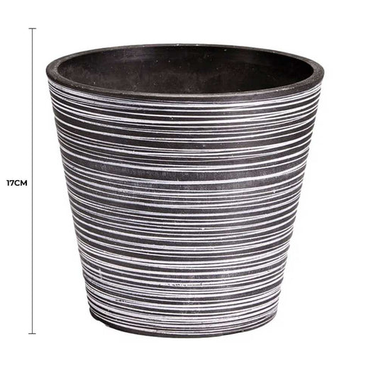 Black-and-white striped engraved plant pot, 17 cm height, round rim and tapered sides