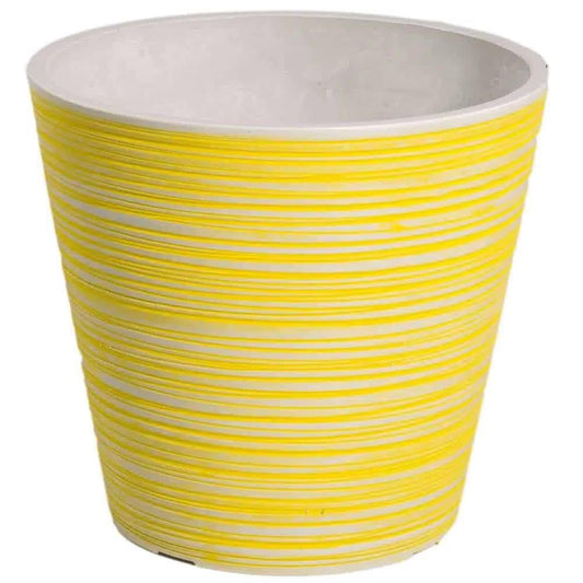 Yellow and white engraved pot planter with smooth rim and horizontal ribbed stripes