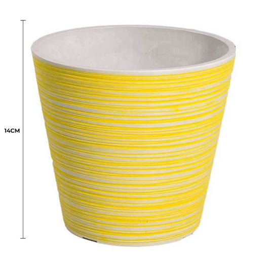 Yellow and white engraved pot with ribbed horizontal lines, round 14cm planter