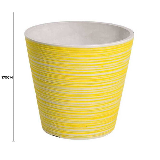 Yellow and white ribbed engraved pot with gray interior and rounded top rim