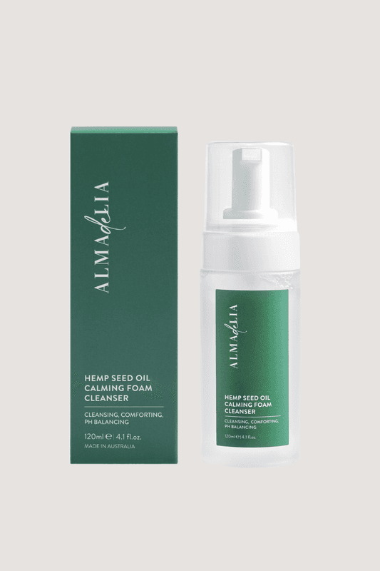 Calming foam cleanser with pump bottle and green carton, 120 mL