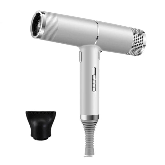 Silver hair dryer with black diffuser attachment and vented air outlet
