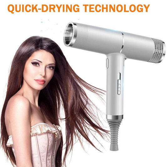 Silver hair dryer with vented nozzle and side power buttons