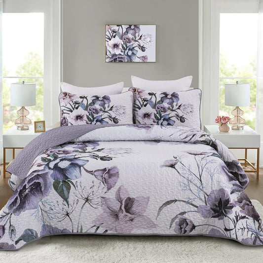 Floral bedspread and pillow sham set with lavender, blue, and gray wildflower pattern