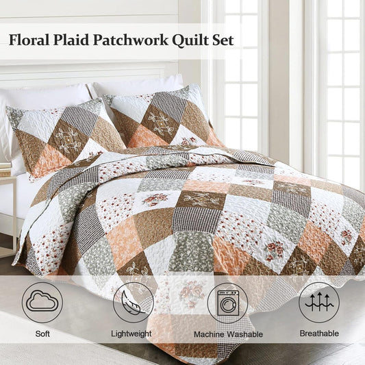Patchwork quilt set featuring rust brown, white, and gray plaid and floral blocks