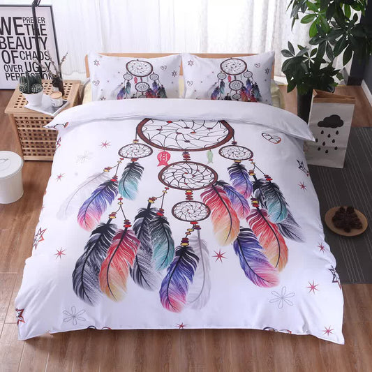 White duvet cover set with feather dreamcatcher print and matching pillowcases