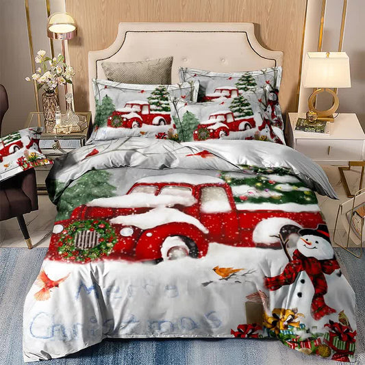 Christmas duvet cover set with red trucks, snowman, and wreath on white