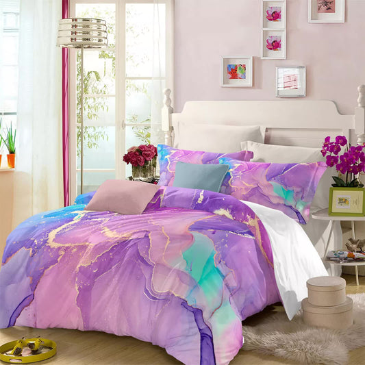 King duvet cover set with purple and teal marbled pattern and matching pillowcases