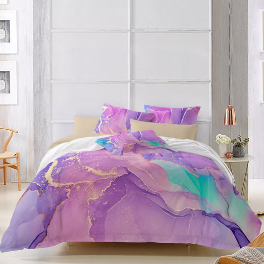 King duvet cover set with purple, teal, and blue marbled design and matching pillowcases