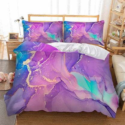 Queen duvet cover set with purple marbled pattern and teal accents; includes two pillow shams.