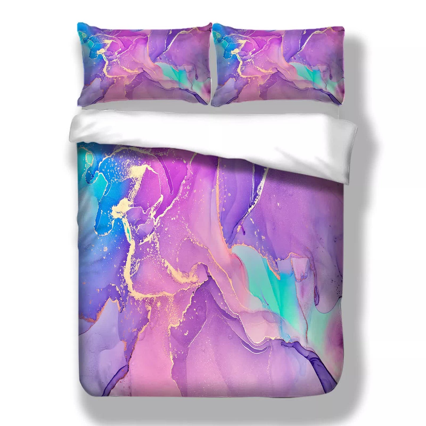 Queen duvet cover set laid flat: purple and teal marbled design with two matching pillow shams.