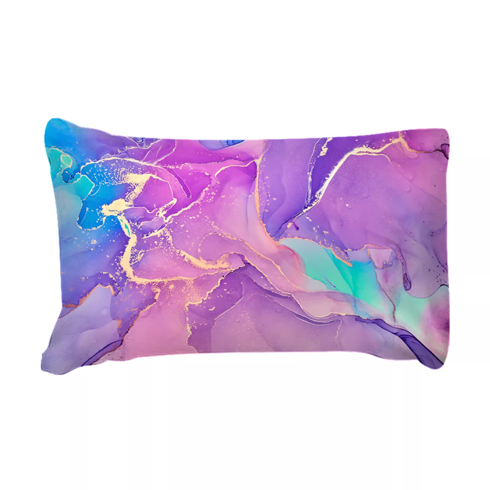 Queen pillow sham with purple and teal marbled abstract pattern.
