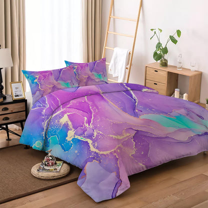 Queen duvet cover set with purple marbled artwork and teal highlights; includes two pillow shams.