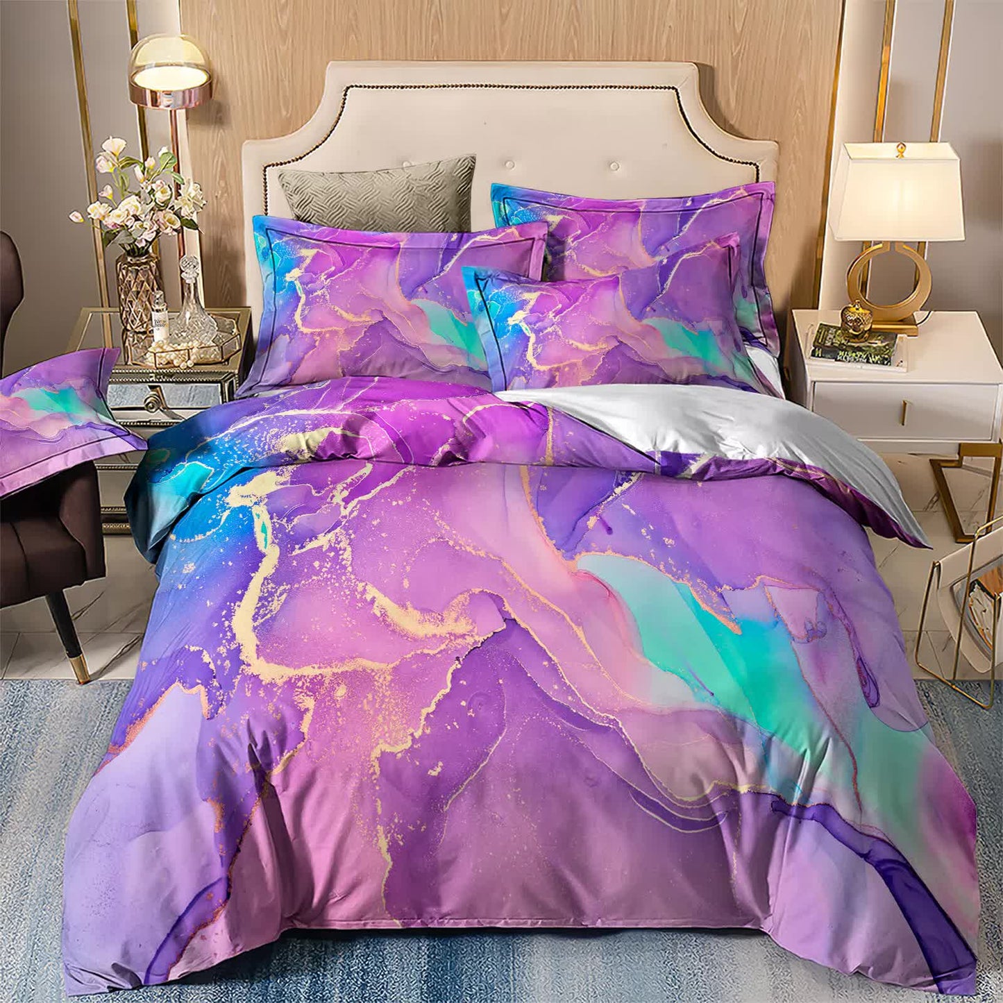 Queen duvet cover set on bed: purple with teal and blue marbled pattern; two pillow shams.