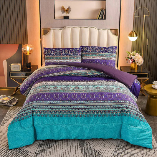 Boho comforter set with teal, purple, and gray patterned comforter and pillowcases