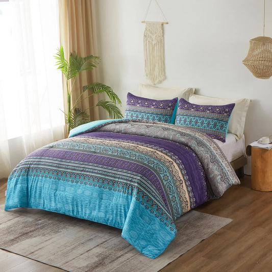 Boho comforter set on bed with teal and purple patterned comforter and accent pillows