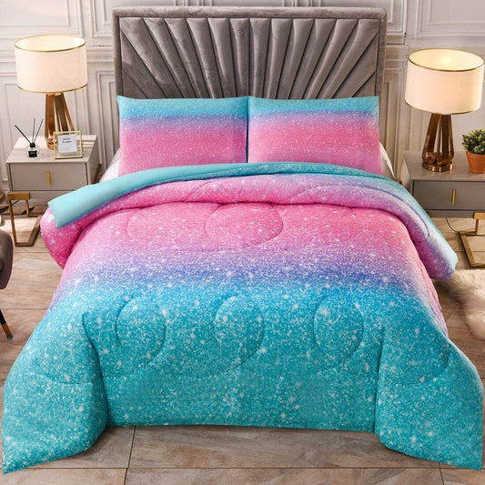 Quilted king comforter set with pink-to-teal marble gradient and matching pillowcases