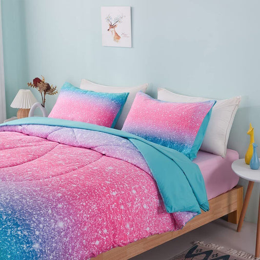 King comforter set with pink and teal gradient, quilted top and matching pillowcases
