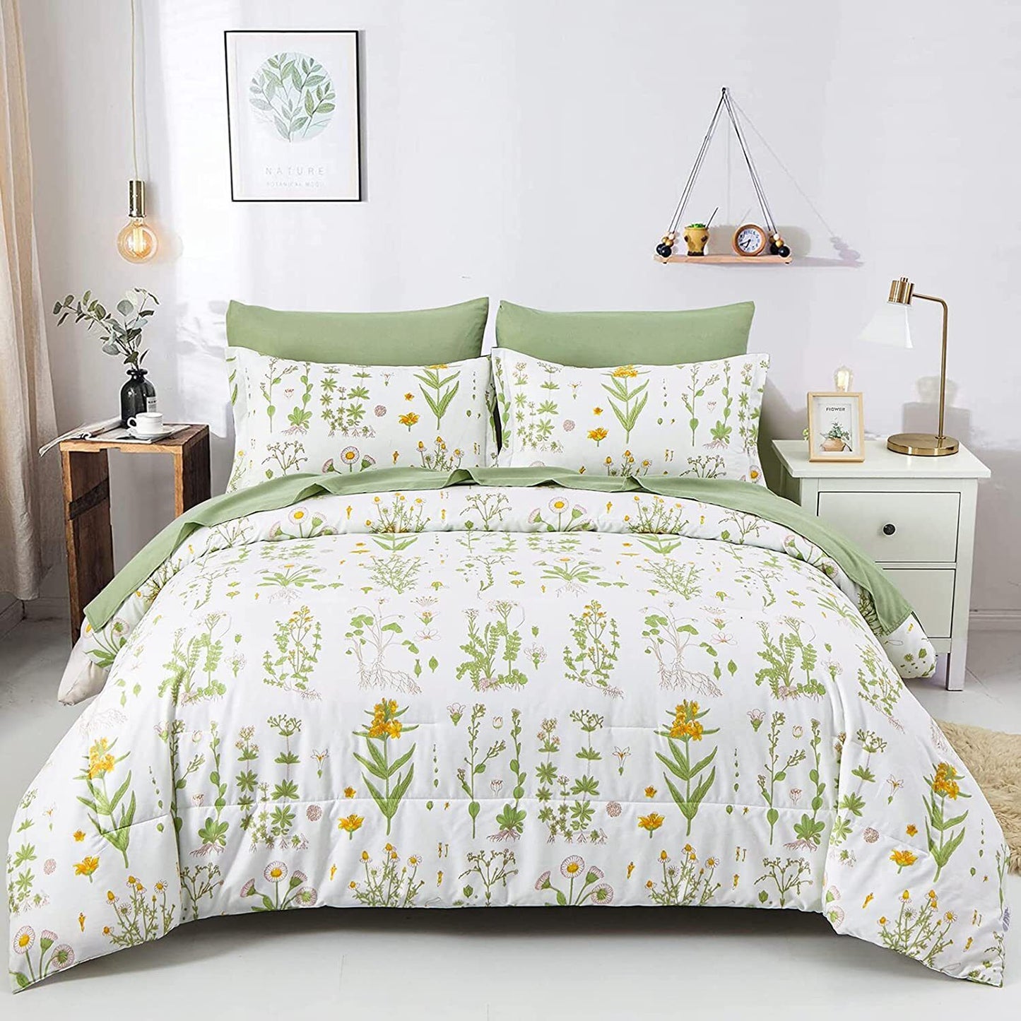 3-piece comforter set with white base, green and yellow floral print, and matching pillow covers