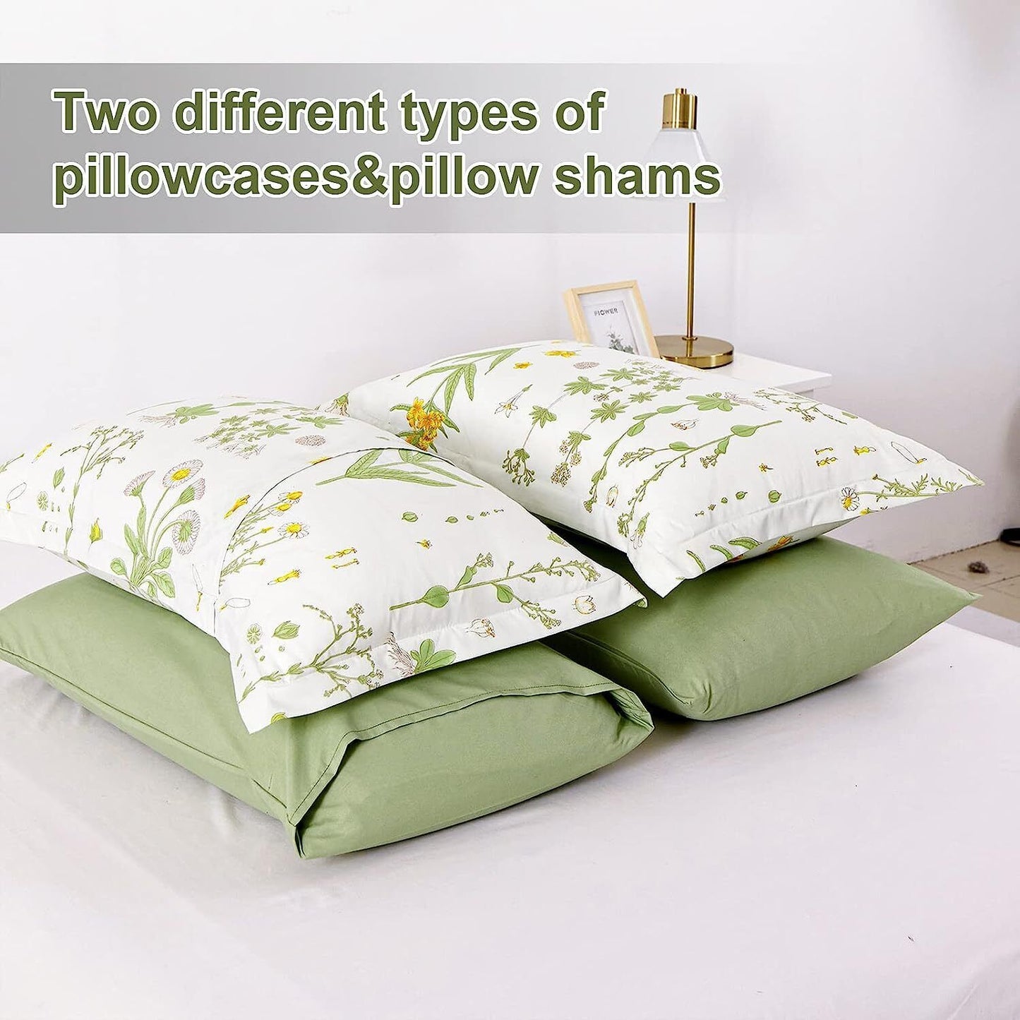 Comforter with white base and green floral print, shown with two square pillow covers