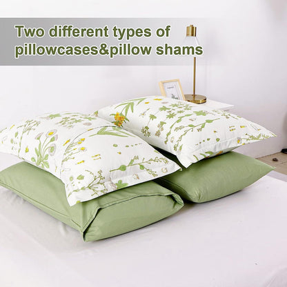 Comforter with white base and green floral print, shown with two square pillow covers