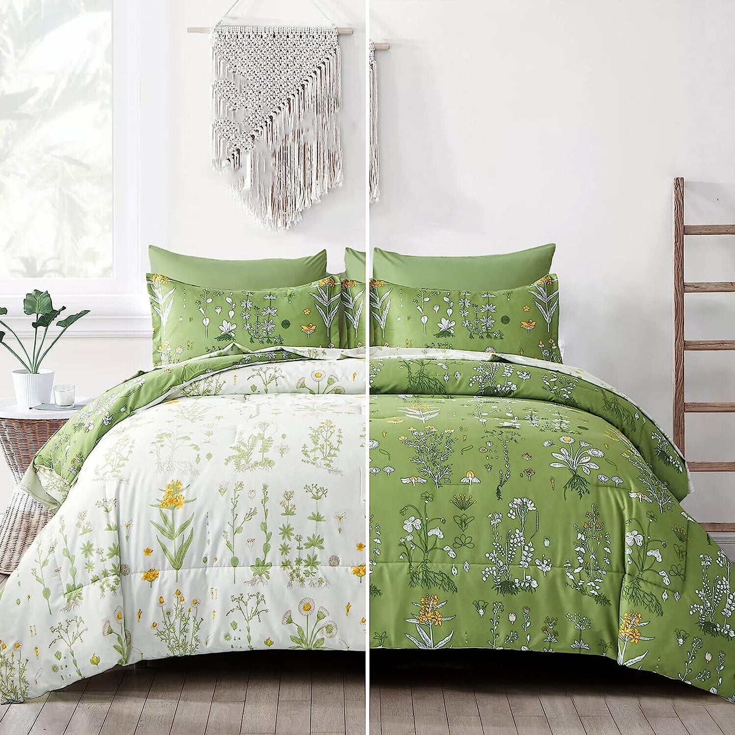 Reversible-style bedding set with white-and-green floral comforter and green pillow covers