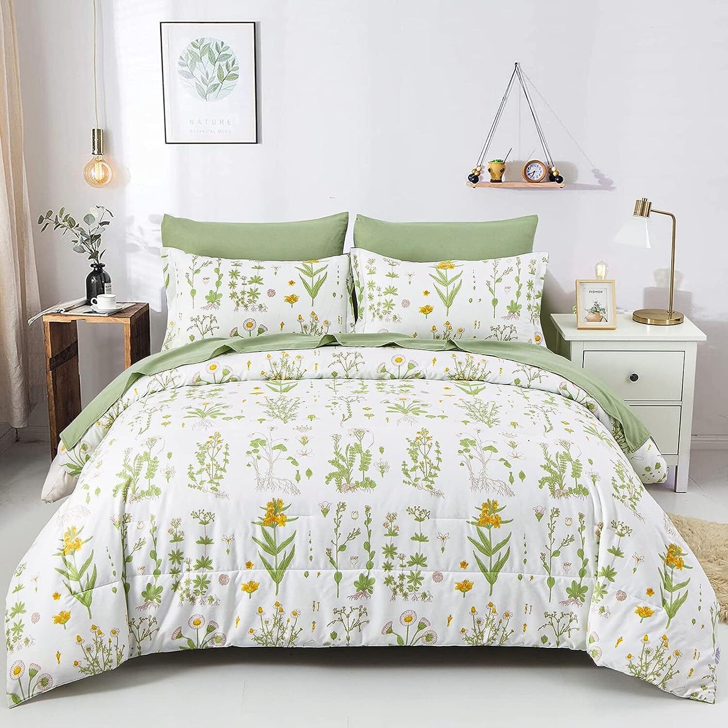 Vintage comforter set with white base, green floral pattern, and matching green pillow covers