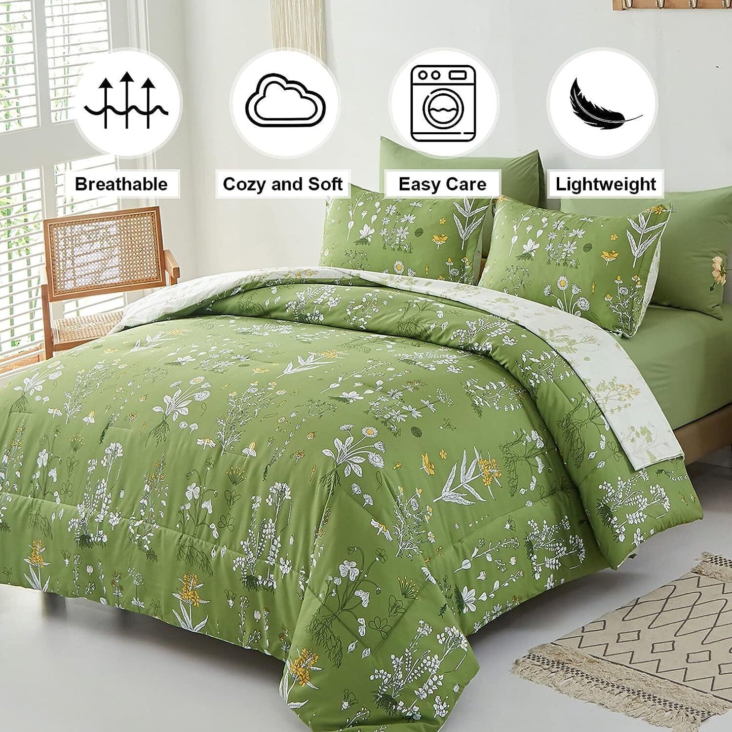 Green floral comforter with two pillow covers on a bed, pattern of small white flowers