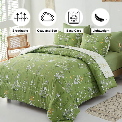 Green floral comforter with two pillow covers on a bed, pattern of small white flowers