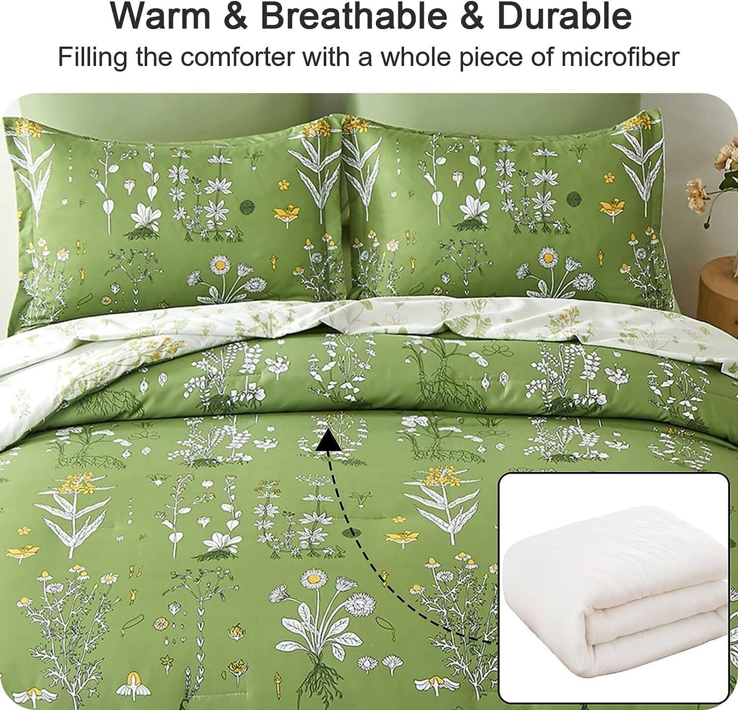 Green and white floral comforter set with two pillow covers, all-over botanical print