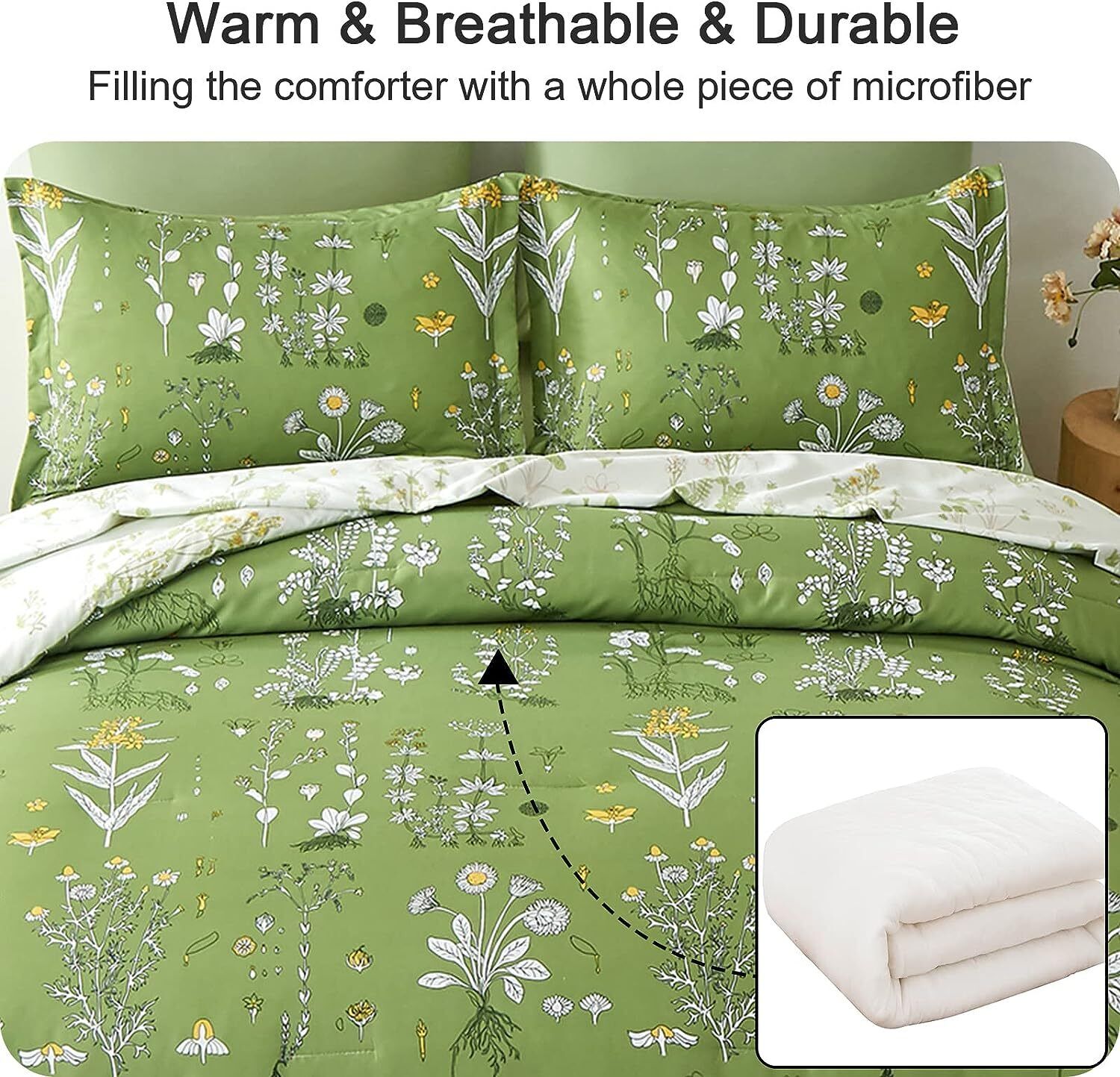 Green and white floral comforter set with two pillow covers, all-over botanical print