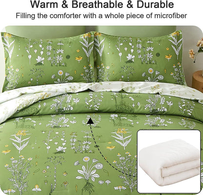 Green and white floral comforter set with two pillow covers, all-over botanical print