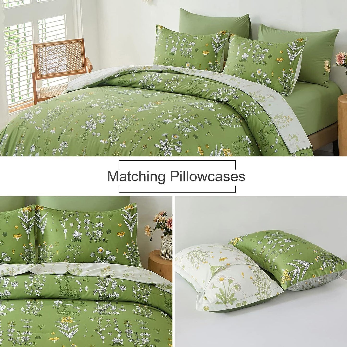 Bed bedding set with green comforter and matching pillow covers, including white-and-green design