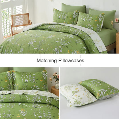 Bed bedding set with green comforter and matching pillow covers, including white-and-green design
