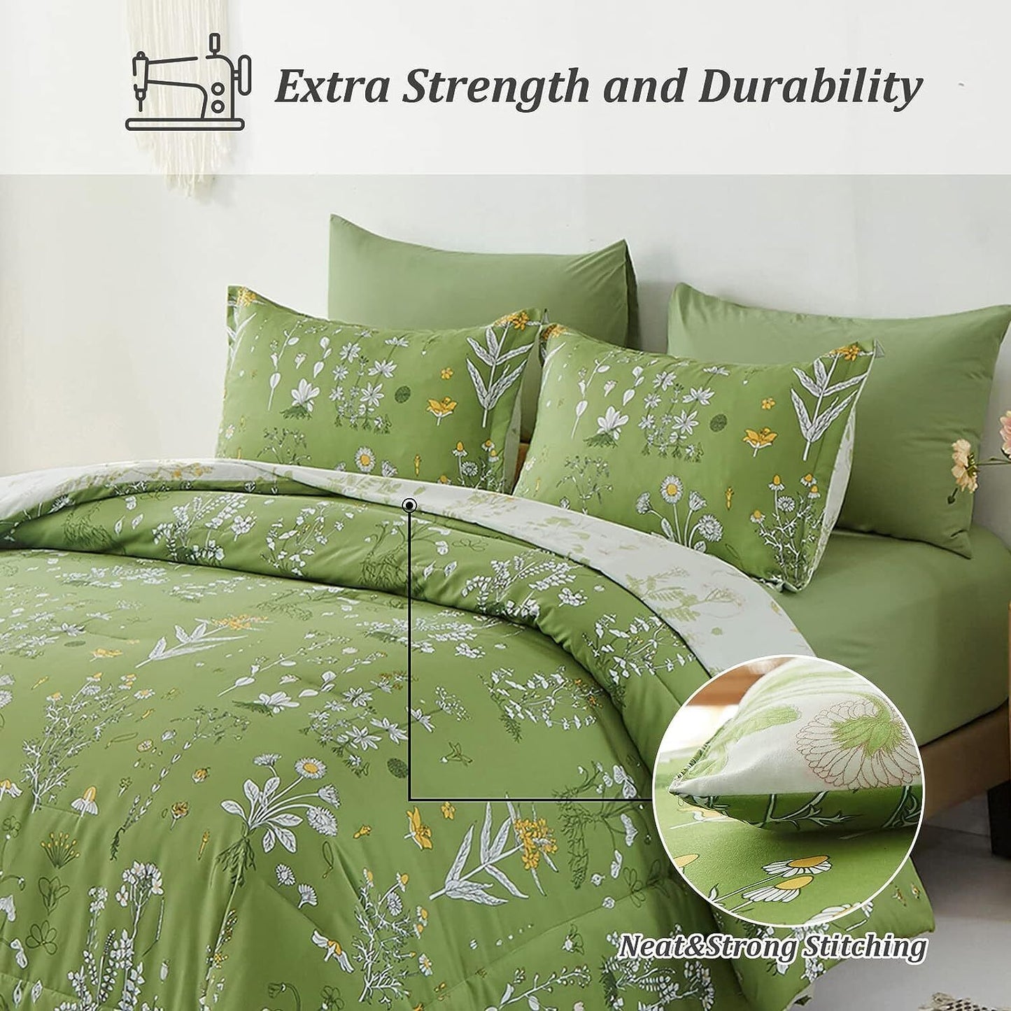 Green comforter set with white floral print and matching pillow covers