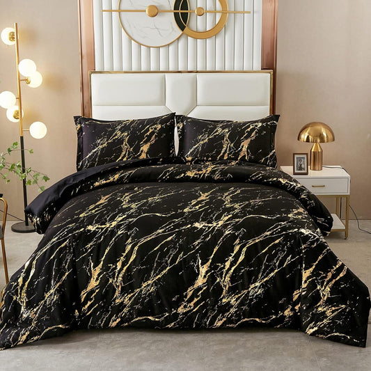 King comforter set with black cover and gold metallic marble foil streaks