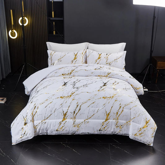 3-piece comforter set with white duvet and gold abstract streaks, plus matching pillowcases