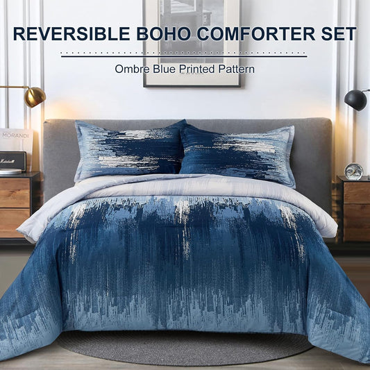 King comforter set with ombre blue brush-stroke design and matching pillowcases