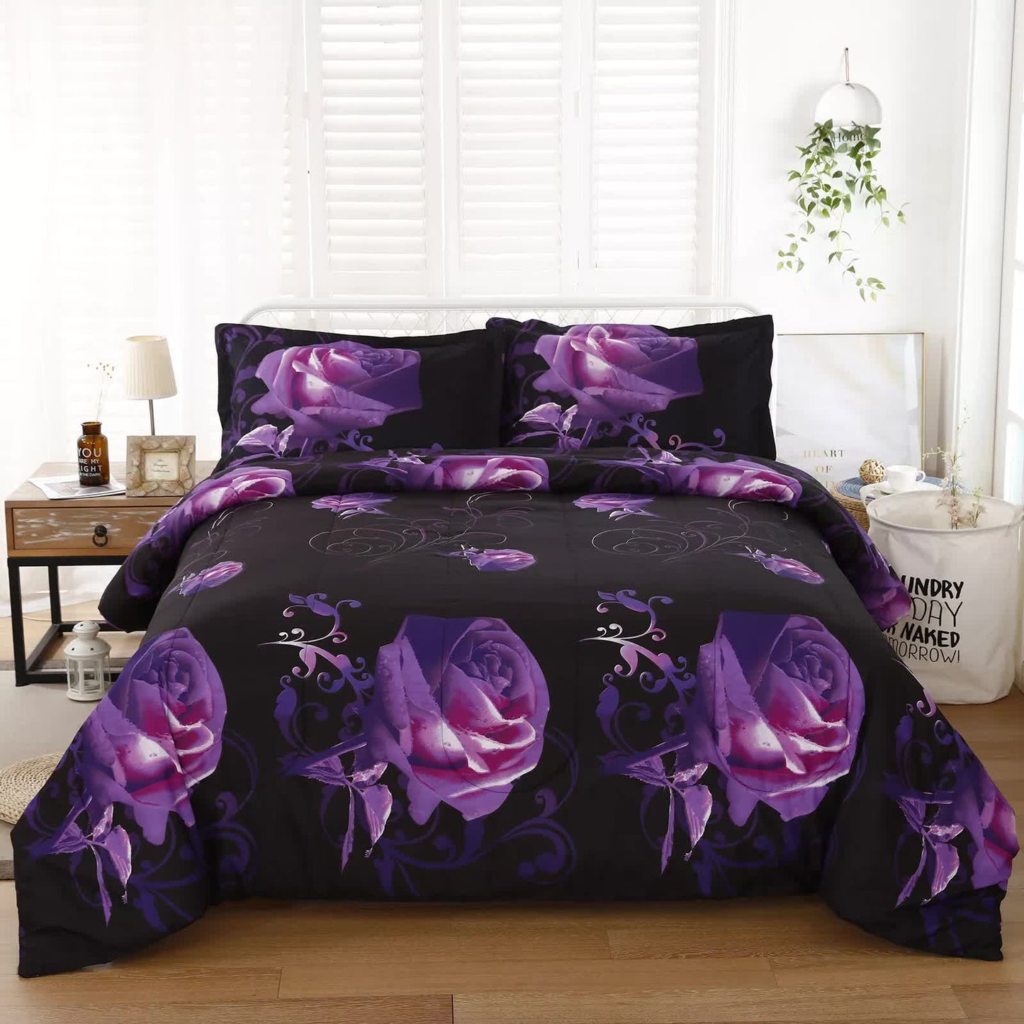 3-piece comforter set with black base, purple rose floral print and two matching pillows