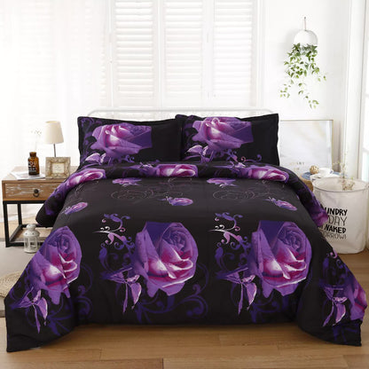 3-piece comforter set with black base, purple rose floral print and two matching pillows